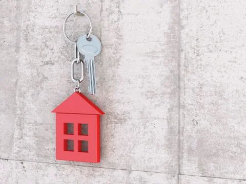 Key with red key chain formed like a house hanging at key hook fixed at concrete Stock Illustration