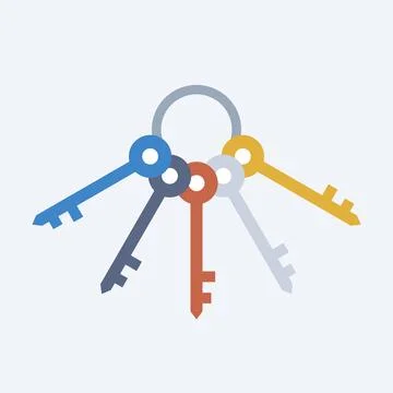 Key ring with five colorful keys, flat design vector illustration on light Stock Illustration