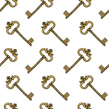 Key seamless pattern. Interior accessory for door. engraved hand drawn in old Stock Illustration