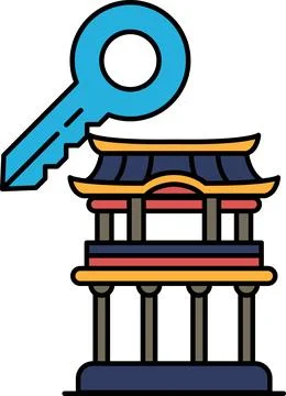 A key is shown above a building with a large circle in the middle Ilustración de archivo