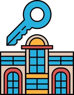 A key is shown above a building with a large window Ilustración de archivo