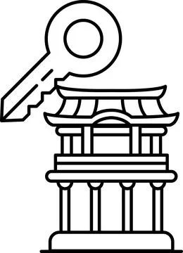 A key is shown above a building with a large circle in the middle Ilustración de archivo