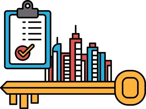 A key is shown with a checklist on top of it Stock Illustration