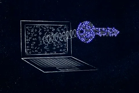 Key on spring out of laptop screen, encryption &amp; security Stock Illustration