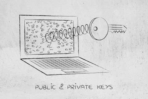 Key on spring out of laptop screen, encryption &amp; security Stock Illustration
