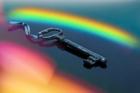 A key is on a table with a rainbow in the background. Stock Photos