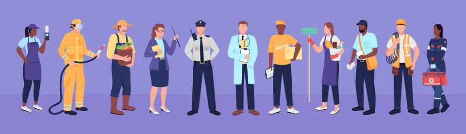 Key workers flat color vector faceless characters Stock Illustration