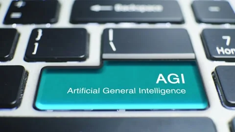Keyboard AGI Artificial General Intelligence Button Pressed by hand finger Stock Footage 246649566