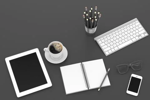 Keyboard and office stuff, workplace, top view Stock Illustration