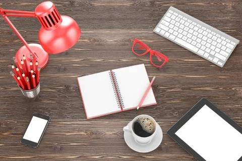 Keyboard and office stuff, workplace, top view Stock-Illustration
