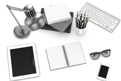Keyboard and office stuff, workplace, top view Stock Illustration