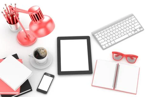 Keyboard and office stuff, workplace, top view Stock Illustration