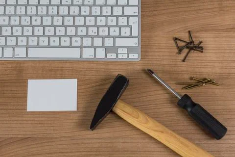 Keyboard and tools on desktop Stock Photos