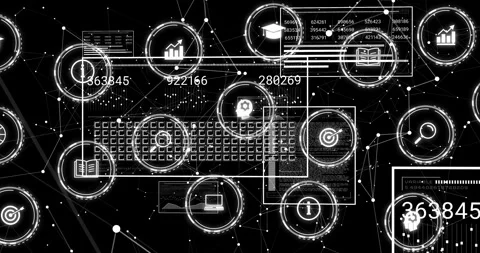 Keyboard appearing, icons orbiting while numeric counters rising and windows Stock Footage 328417938