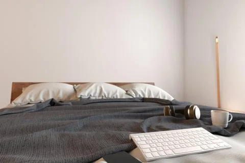 The keyboard in the bed is the technology dependence Stock Photos