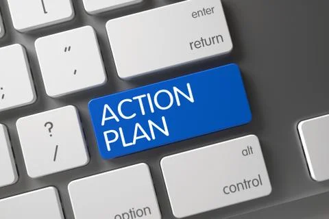 Keyboard with Blue Key - Action Plan. 3D Stock Illustration