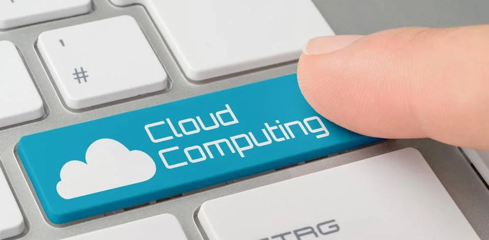 A keyboard with a blue labeled button - Cloud Computing A keyboard with a ... Stock Photos