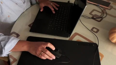 Keyboard Clack As Hands Type On Laptop While Mouse Clicks On Graphics Tablet Stock Footage 320065896