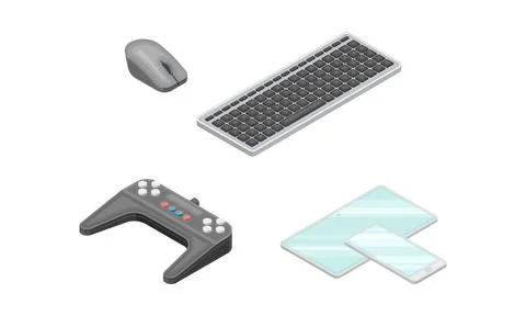 Keyboard, computer mouse, game controller and smartphone. Modern wireless mobile Stock Illustration