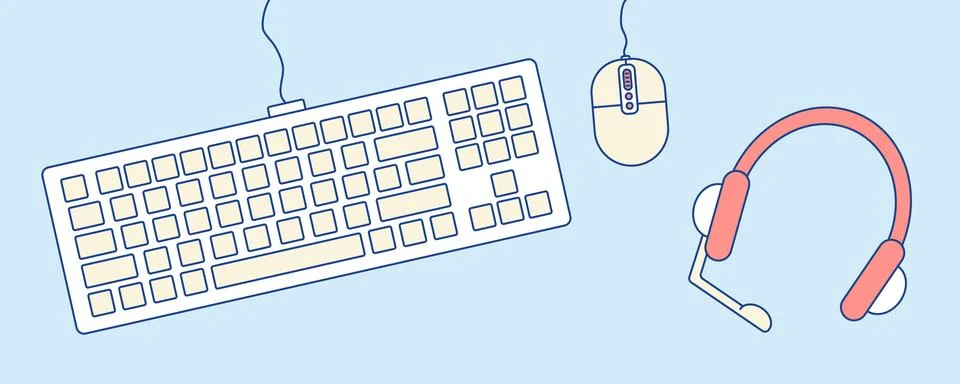 Keyboard, computer mouse, headset. Illustration Working office desk. View from Stock Illustration