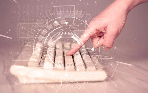 Keyboard with high tech user interface graphic 스톡 사진