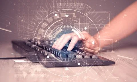 Keyboard with high tech user interface graphic 스톡 사진