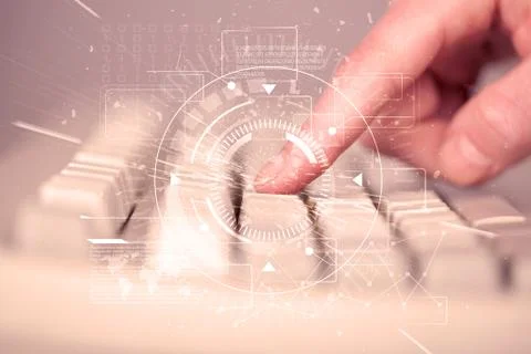 Keyboard with high tech user interface graphic 스톡 사진