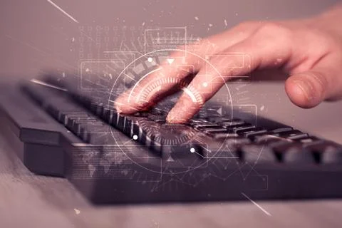 Keyboard with high tech user interface graphic 스톡 사진