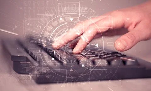 Keyboard with high tech user interface graphic 스톡 사진