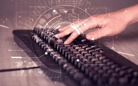 Keyboard with high tech user interface graphic 스톡 사진