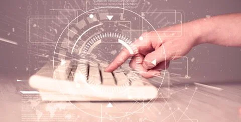 Keyboard with high tech user interface graphic 스톡 사진