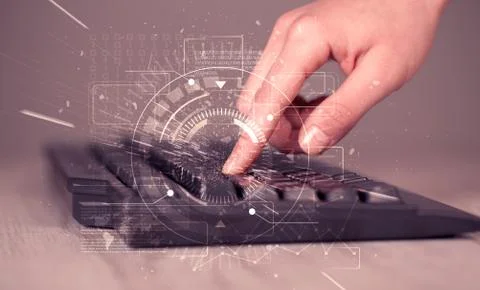 Keyboard with high tech user interface graphic 스톡 사진