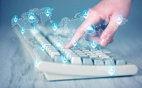 Keyboard with high tech user map icons Stock Photos