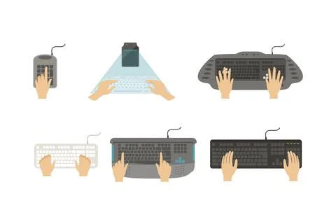 Keyboard with Human Hands Typing and Pressing Computer Buttons Vector Set Stock Illustration