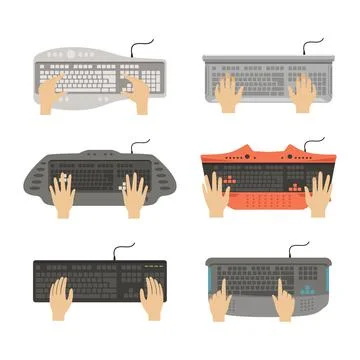 Keyboard with Human Hands Typing and Pressing Computer Buttons Vector Set 스톡 일러스트