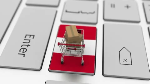 Keyboard key with flag of Peru and shopping cart with boxes. Online shopping Stock Footage 146786966
