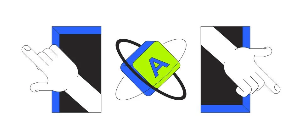 Keyboard key orbit and interactive hands 2D cartoon objects set Illustrazione stock