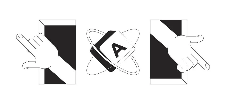 Keyboard key orbit and interactive hands 2D line objects set Illustrazione stock