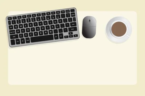 Keyboard, mouse, and a cup of coffee with a light beige background - Vector I Stock Illustration