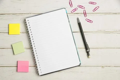 Keyboard Over A Table Beside A Notebook And Pens With Sticky Notes. Computer Stock Photos