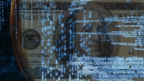 Keyboard press initiating scan, USD 100 bill showing blue code streams for Stock-Footage 329454640