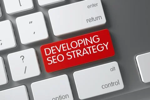 Keyboard with Red Button - Developing SEO Strategy. 3D Stock Illustration