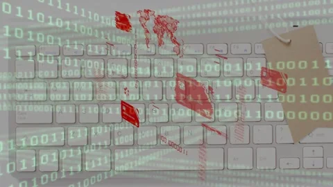 Keyboard streaming binary, red UI icons rising and responding with hand Stock Footage 334881805