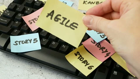 Keyborad and software scrum agile board with paper task, agile software devel Stock Footage 156741919