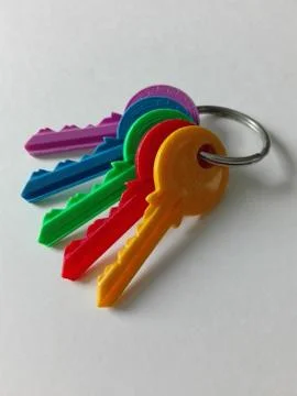 Keychain with five differently colored keys 스톡 사진