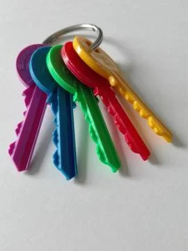 Keychain with five differently colored keys 스톡 사진
