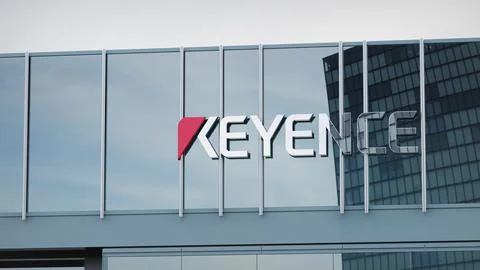 Keyence Stock data presented on the logo of the office facade editorial Stock Photos