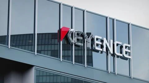 Keyence Stock data presented on the logo of the office facade editorial Stock Photos