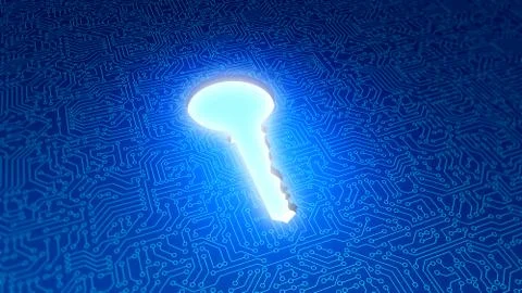 Keyhole with blue circuit board pattern texture. High-tech background in digi Stock Illustration