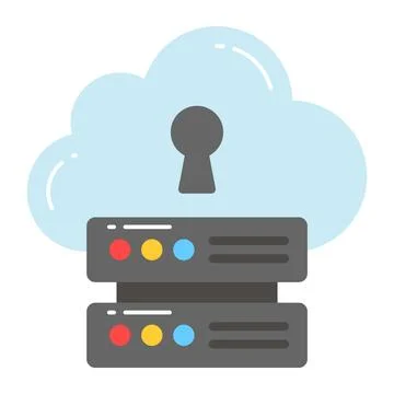 Keyhole on cloud with data server denoting vector of secure data backup  Illustrazione stock